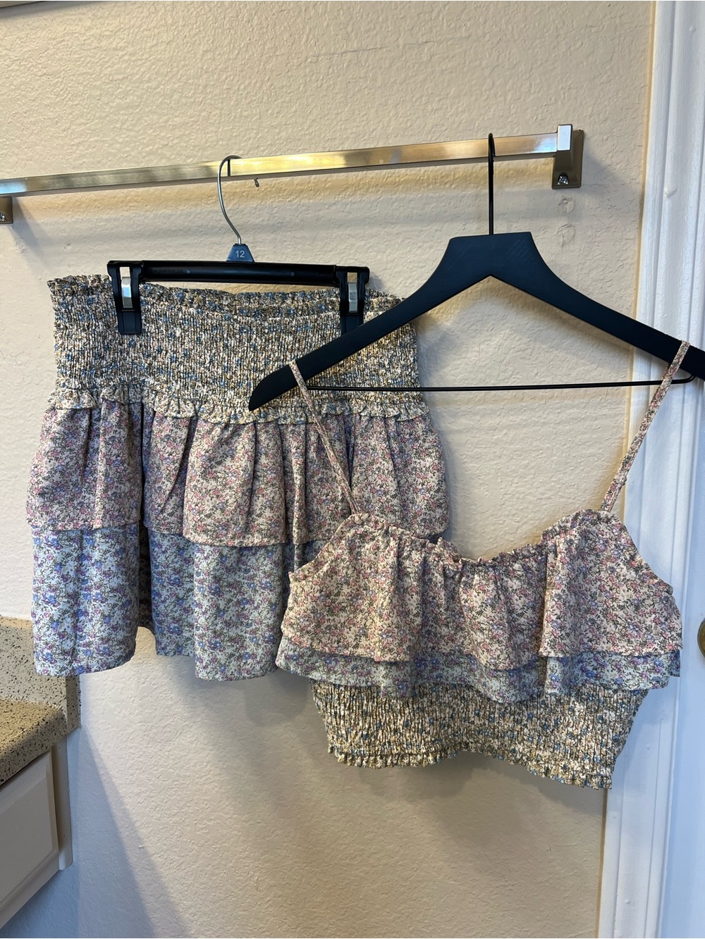 Storia Pink Floral Smocked Ruffle Crop Top and matching ruffle skirt